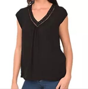 DR2 by Daniel Rainn Scallop Lace Trim V- Neck Semi-Sheer Blouse